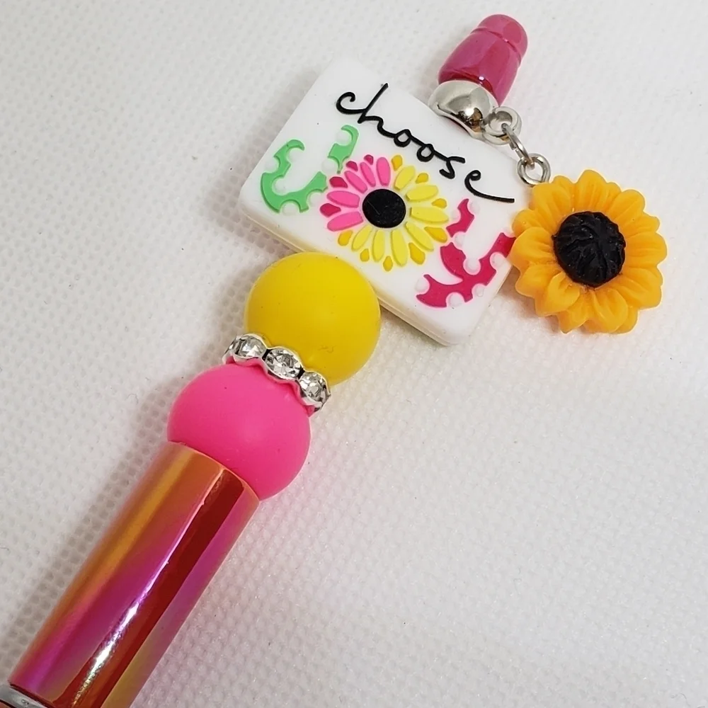 Handmade UV Iridescent Choose Joy Sunflower Beaded Silicone Focal Bead Pen